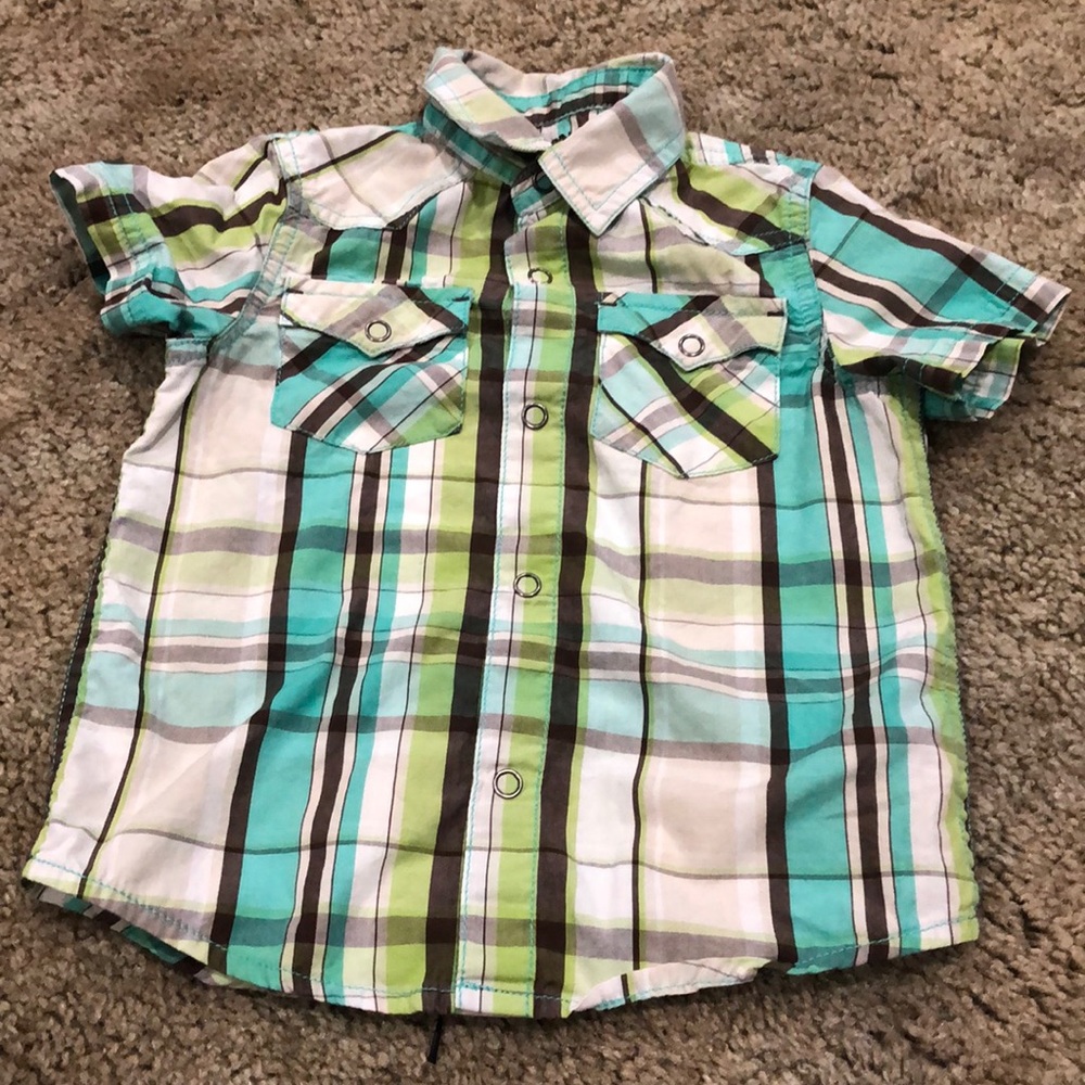 Green, blue, brown and plaid button down shirt 24M